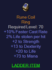 Rune Coil - 10 FCR 2 Str 13 Dex 20 Life 73 Mana