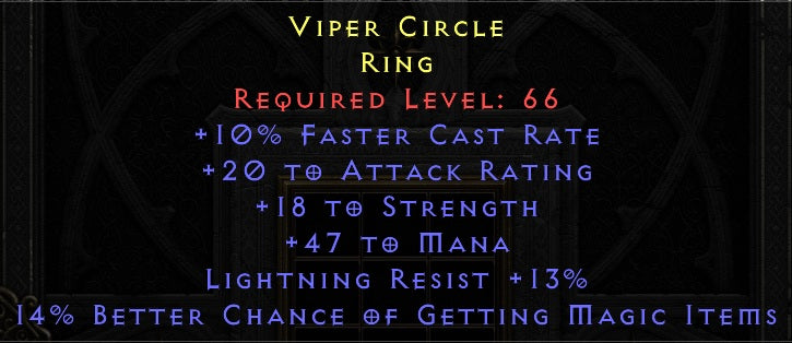 10 FCR 18 Strength 47 Mana 13 Lightning Resist 14% Magic Find - Ring - Ladder