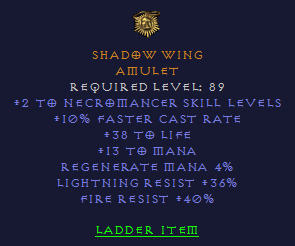 Shadow Wing - 2 Necromancer 10 FCR Life - 36 LR 40 FR - Amulet