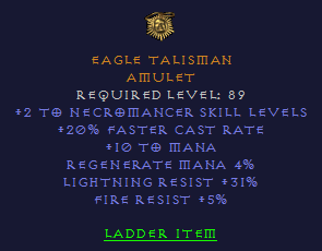 Eagle Talisman - 2 Necromancer 20 FCR 31 LR 5 FR - Amulet