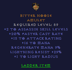 Bitter Noose - 2 Assassin 20 FCR Light Res - Amulet