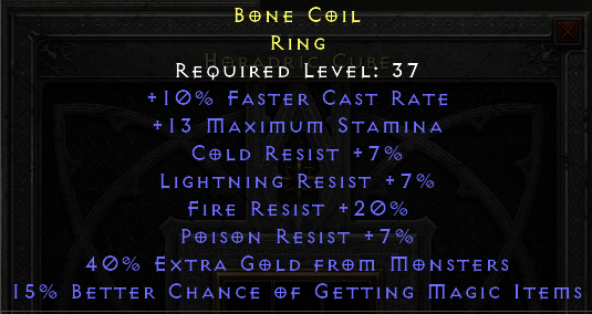 Bone Coil - FCR 7 all Resist 20 Fire Res, 40% EG 15% MF - Non Ladder