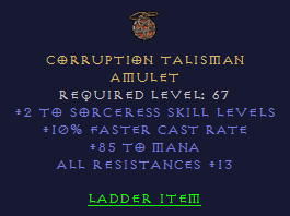 Corruption Talisman - 2 Sorceress 10 FCR Mana All Resist - Amulet