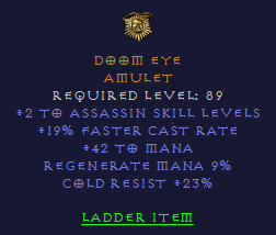 Doom Eye - 2 Assassin 19 FCR Mana Cold Resist - Amulet