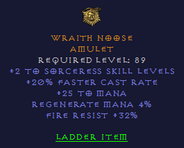 Wraith Noose - 2 Sorceress 20 FCR 32 Fire Resist - Amulet