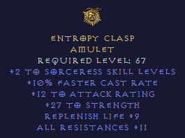 Entropy Clasp - 2 Sorceress 10 FCR STR All Resist - Amulet