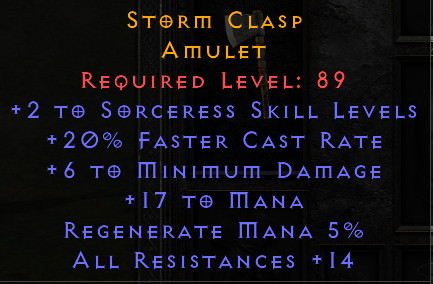 Storm Clasp - 2/20 Sorceress Amulet with All Resist