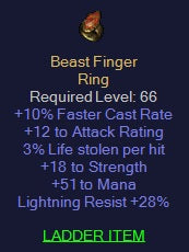 Beast Finger - 10 FCR 3 LL 18 Strength 51 Mana 28 Lightning Resist