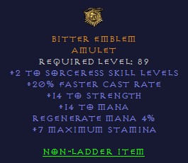 Bitter Emblem - 2 Sorceress 20 FCR 14 Strength - D2Bits