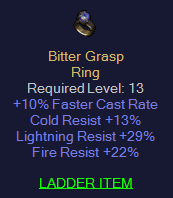 Bitter Grasp - 10 FCR 13 CR 29 LR 22 Fire Resist - D2Bits