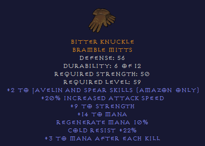 Bitter Knuckle - 2/20 Javazon Strength cold resist - Gloves - D2Bits