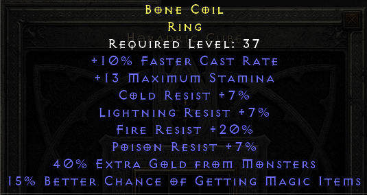 Bone Coil - FCR 7 all Resist 20 Fire Res, 40% EG 15% MF - Non Ladder - D2Bits