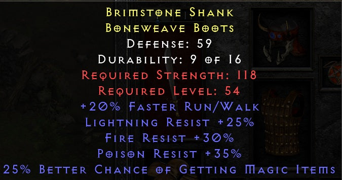 Brimstone Shank - 20 FRW 25 LR 30 FR 35 PR 25% Magic Find - Boots