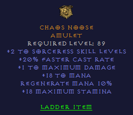 Chaos Noose - 2 Sorc 20 FCR - Amulet - D2Bits