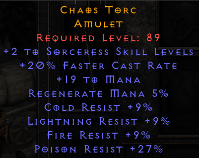 Chaos Torc - 2 Sorceress 20 FCR All Resist - Amulet - D2Bits