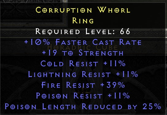 Corruption Whorl - 10 FCR 19 Strength 11 All Res 39 Fire Res 25% PLR - Non Ladder