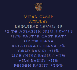 Viper Clasp 2 Assasin 17 FCR 11 All Resist 30 PR - Amulet