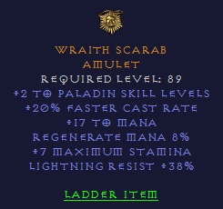 Wraith Scarab - 2 Paladin 20 FCR 38 Light Resist - Amulet