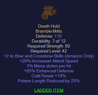 Death Hold - 2 Bow Skills 20 IAS 3 ML 19 CR 25% PLR - D2Bits