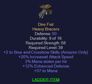 Dire Fist - 2 Bow Skill 20 IAS 3 ml 37 Mana - D2Bits