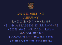 Doom Emblem - 2 Assassin 20 FCR 60 Mana - Amulet - D2Bits