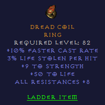 Dread Coil - 10 FCR 9 STR 50 Life 8 All Resist - D2Bits
