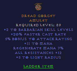 Dread Gorget - 2 Barbarian 20 FCR 5% Bonus AR, 12 All Resist - D2Bits