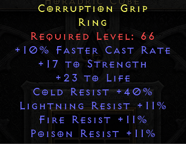 Corruption Grip - 10 FCR 17 Str 24 Life 40 CR 11 All Res - Non Ladder