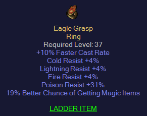 Eagle Grasp - 10 FCR 4 All Resist 31 PR 19% MF - D2Bits
