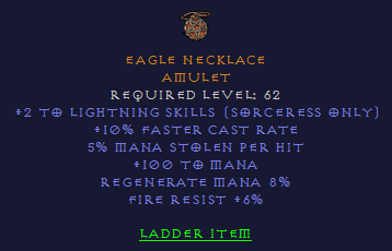 Eagle Necklace - 2 Light 10 FCR 100 Mana - D2Bits