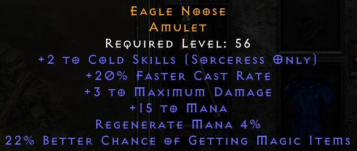 Eagle Noose - +2 Cold 20 FCR 22% Magic Find - Non Ladder