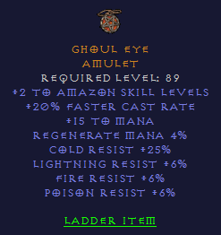 Ghoul Eye - 2 Amazon 20 FCR 6 All Resist 25 CR - Amulet