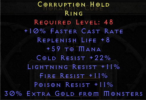 Corruption Hold - FCR Life Replenish, Mana All Resist - Ring