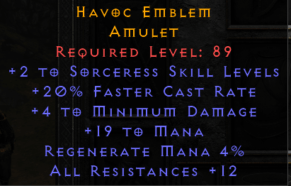 Havoc Emblem - 2 Sorceress 20 FCR 12 All Resist - D2Bits