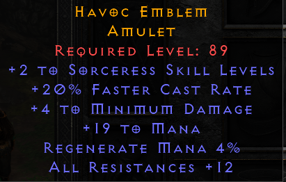 Havoc Emblem - 2 Sorceress 20 FCR 12 All Resist