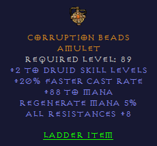 Corruption Beads - 2 Druid 20 FCR 88 Mana 8 All Resist - Amulet