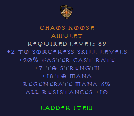 Chaos Noose - 2 Sorceress 20 FCR 7 STR 10 All Resist