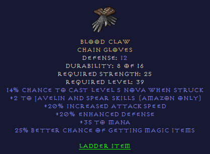 Blood Claw - 2/20 Javazon 35 Mana 25% MF - Gloves