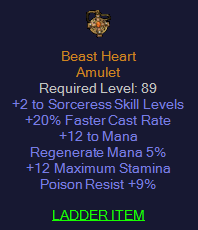 Beast Heart - 2 Sorceress 20 FCR 9 Poison Resist
