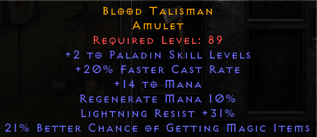 Blood Talisman - 2/20 Paladin Amulet with LR and MF