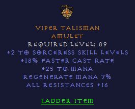 Viper Talisman - 2 Sorc 18 FCR 16 all Resist