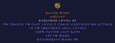 Raven Wing - 20% FCR Sorceress Amulet