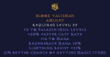Blood Talisman - 20 FCR Paladin mf amulet