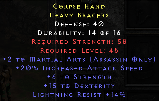 Corpse Hand - 2 Martial Art 20 IAS 6 STR 15 Dex 14 Lightning Resist - Non Ladder