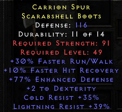 Carrion Spur - 30 Run Walk 10 FHR 35 Cold Resist 39 Lightning Resist - Non Ladder