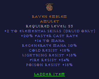 Raven Emblem - 2 Elemental 20 FCR 18 All Resist 54 Fire Resist