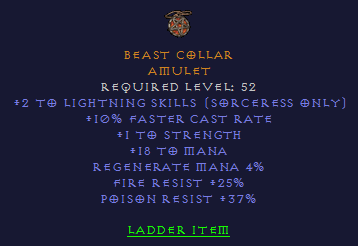 Beast Collar - 2 Lightning Skills 10 FCr 25 FR 37 PR