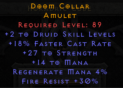 Doom Collar - 2 Druid 18 FCR STR Fire Resist - Amulet