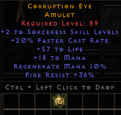 Corruption Eye - 2/20 Sorceress 57 Life 36 Fire Resist - Amulet