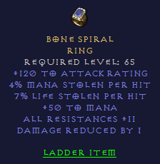 Bone  Spiral - Attack Rating Dual leech Mana All Resist